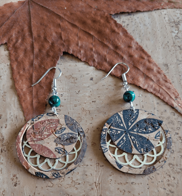 Boucles d'oreilles en liège et malachite ༄