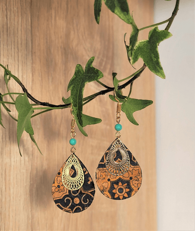 Boucles d'oreilles en liège et turquoise ༄