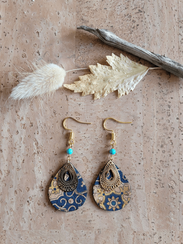 Boucles d'oreilles en liège et turquoise ༄