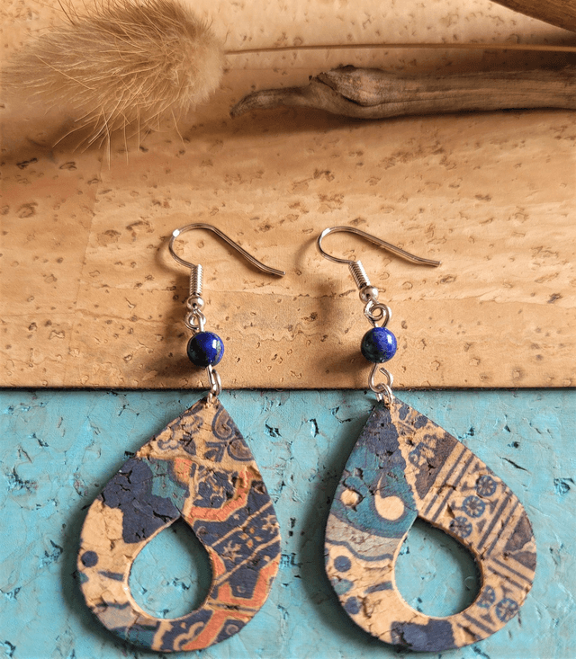 Boucles d'oreilles en liège et lapis lazuli ༄
