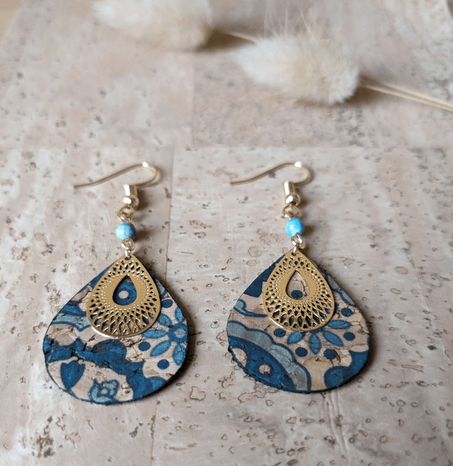 Boucles d'oreilles en liège et turquoise ༄
