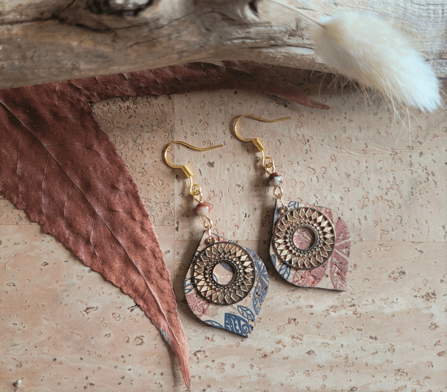 Boucles d'oreilles en liège et jaspe mokaïte ༄