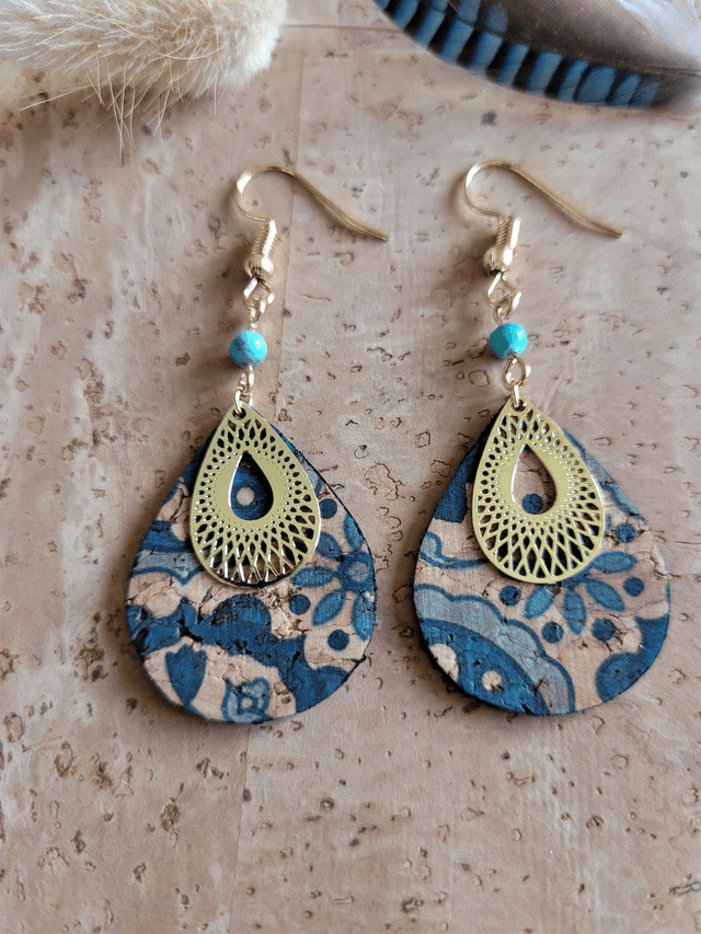 Boucles d'oreilles en liège et turquoise ༄