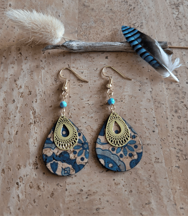 Boucles d&#039;oreilles en liège et turquoise ༄