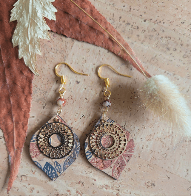 Boucles d&#039;oreilles en liège et jaspe mokaïte ༄